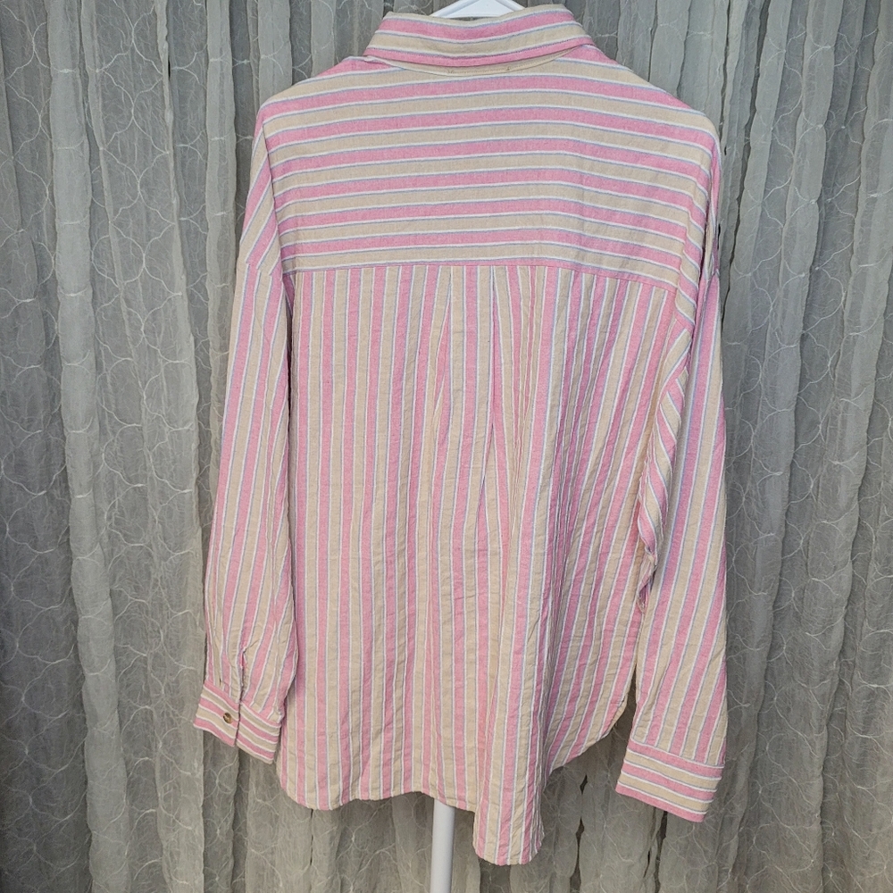 Easel Oversized Pink Blue Striped Textured Long Sleeve Button Up Top Shacket - Picture 7 of 9